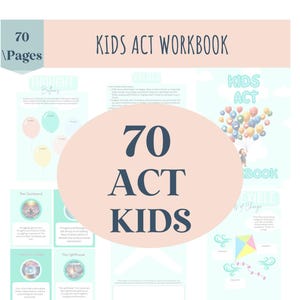 Può includere: Un quaderno di lavoro rosa e blu con il titolo "KIDS ACT WORKBOOK" e il numero "70" in un grande carattere. Il quaderno è progettato per i bambini e presenta illustrazioni di palloncini, un faro e sabbie mobili.