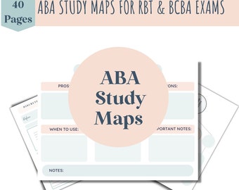 Puede incluir: Un conjunto de 40 páginas de mapas de estudio ABA para exámenes RBT y BCBA. Los documentos presentan un esquema de color azul claro y melocotón con secciones etiquetadas para pros, contras, cuándo usar y notas importantes.