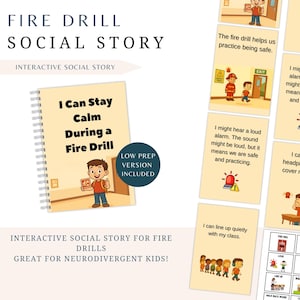 May include: A spiral-bound book titled "I Can Stay Calm During a Fire Drill" with illustrations. The cover features a cartoon boy holding a picture. Additional cards show fire drill safety steps. Text includes "Interactive Social Story" and "Low Prep Version Included."