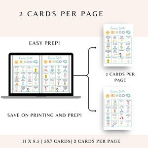 May include: A digital download product featuring "Coping Skills Bingo" cards. The image shows a laptop displaying two bingo cards, along with two printed cards. The text includes "2 CARDS PER PAGE", "EASY PREP!", and "SAVE ON PRINTING AND PREP!" The cards are 11 x 8.5 inches.