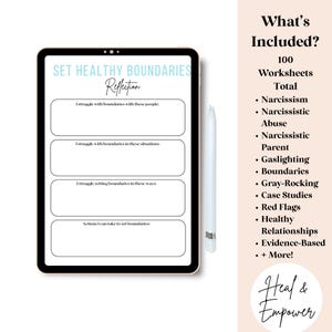 May include: A digital tablet displaying a worksheet titled "Set Healthy Boundaries: Reflection". The worksheet includes prompts for reflection on personal boundaries. The text "What's Included? 100 Worksheets" is visible on the right side of the image.