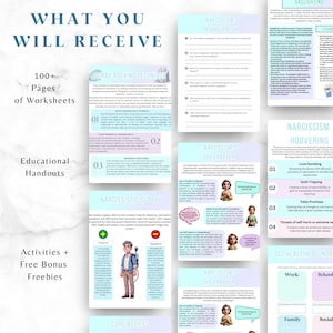 May include: A digital download of worksheets and handouts on narcissism. The worksheets are designed to help people understand and cope with narcissistic behavior. The worksheets include topics such as gray rocking, narcissistic supply, triangulation, and hoovering. The worksheets are in a light blue and pink color scheme with illustrations of cartoon characters.