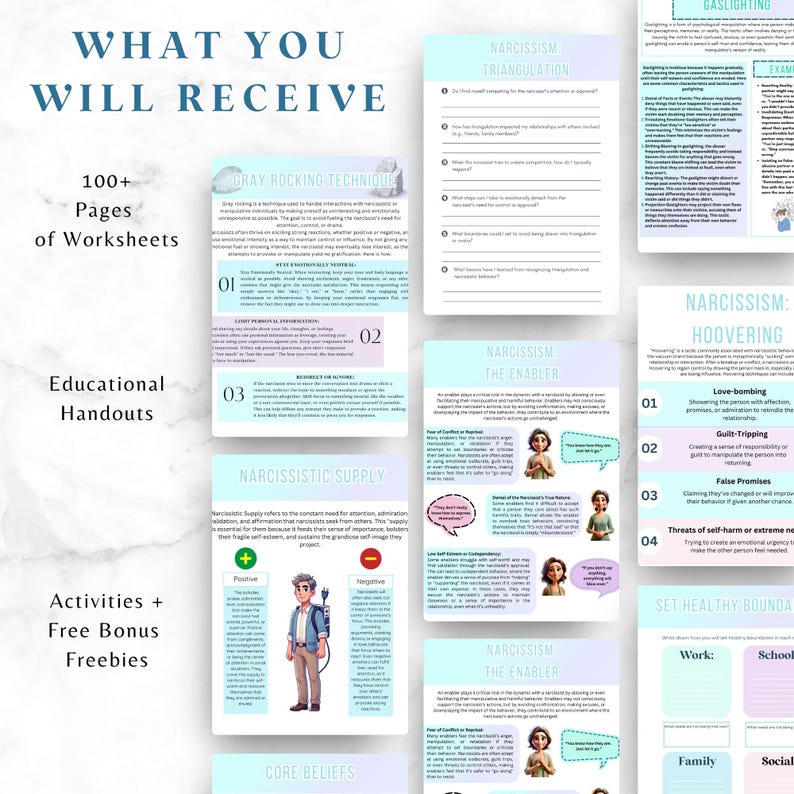May include: A digital download of worksheets and handouts on narcissism. The worksheets are designed to help people understand and cope with narcissistic behavior. The worksheets include topics such as gray rocking, narcissistic supply, triangulation, and hoovering. The worksheets are in a light blue and pink color scheme with illustrations of cartoon characters.