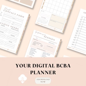 Puede incluir: Un planificador digital para Analistas de Comportamiento Certificados por la Junta (BCBA) con secciones para informaci&oacute;n de contacto del cliente, necesidades del cliente, sesiones de supervisi&oacute;n, planificaci&oacute;n diaria y objetivos. El planificador tiene un esquema de color melocot&oacute;n y crema.