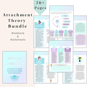Puede incluir: Un conjunto de cuadernos de trabajo y hojas de trabajo sobre la teoría del apego. La portada muestra el texto "Attachment Theory Bundle" y "Workbook & Worksheets". Las páginas incluyen información sobre estilos, patrones y características de apego. El paquete tiene más de 70 páginas.