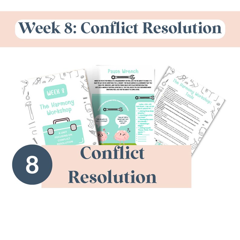 May include: A collection of educational materials titled "Week 8: Conflict Resolution." The image includes a brochure with the text "The Harmony Workshop" and a toolbox graphic. Additional pages detail conflict resolution tools.