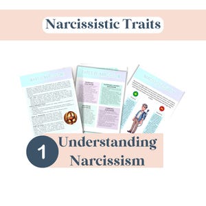 May include: A pink and blue infographic titled "Narcissistic Traits" with the text "What is Narcissism?" and "Types of Narcissism" on the left and "Narcissistic Supply" on the right. The infographic includes a cartoon illustration of a person with a backpack and a plug.