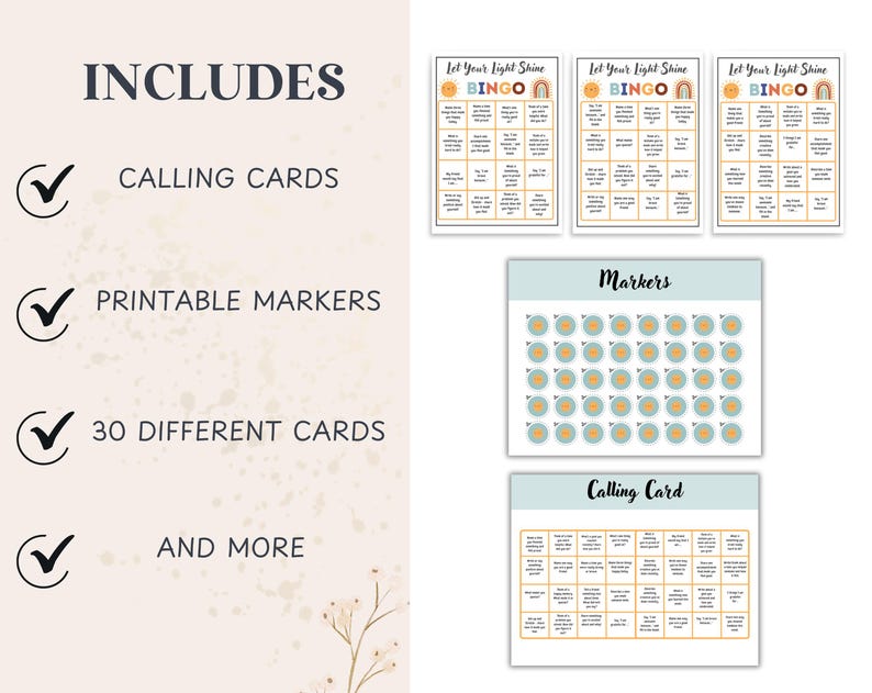 May include: A printable bingo game set with the text "Let Your Light Shine BINGO". The set includes calling cards, printable markers, and 30 different cards. The design features a rainbow and sun graphic.