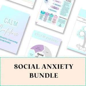 May include: A social anxiety bundle with a light blue and purple color scheme. The bundle includes a workbook titled "Calm Confidence Workbook for Overcoming Social Anxiety", a graphic showing the cycle of avoidance, and a graphic of a tree with roots representing family members. The text "SOCIAL ANXIETY BUNDLE" is displayed in a banner.