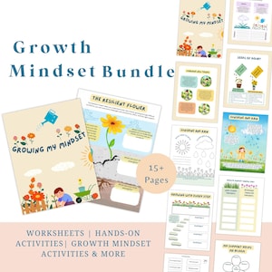 Pode incluir: Um pacote imprimível colorido de folhas de trabalho e atividades para crianças aprenderem sobre mentalidade de crescimento. O pacote inclui mais de 15 páginas com várias atividades, como "Cultivar minha mentalidade", "A flor resiliente", "Sementes de dúvida", "Sol e chuva", "Crescer a cada passo" e "Meu apoio me ajuda a florescer".