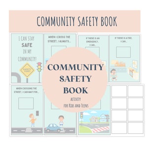 Puede incluir: Un libro de seguridad comunitaria para niños y adolescentes con ilustraciones de semáforos, pasos de cebra y un incendio. El libro incluye actividades para ayudar a los niños a aprender sobre cómo mantenerse seguros en su comunidad.