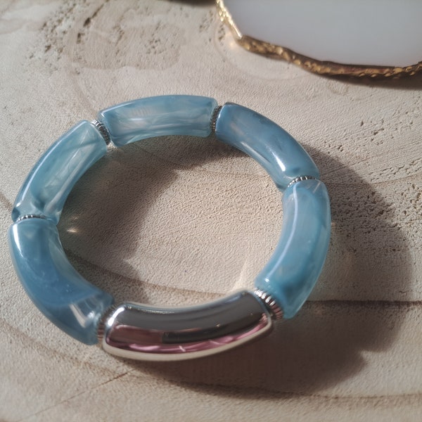 Bracelet Jonc Tube Épais Bleu clair crème transparent et Argenté