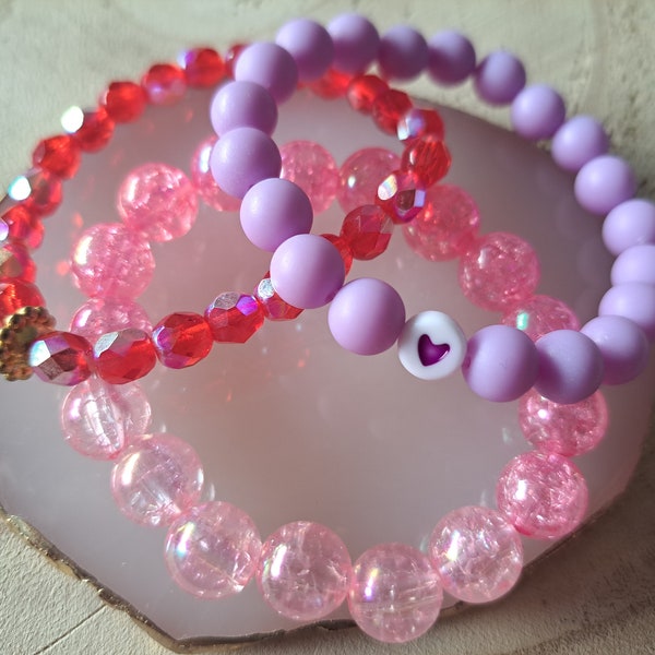 Lot de 3 superbes bracelets fillette enfant violet cœur rose dégradé et rouge doré