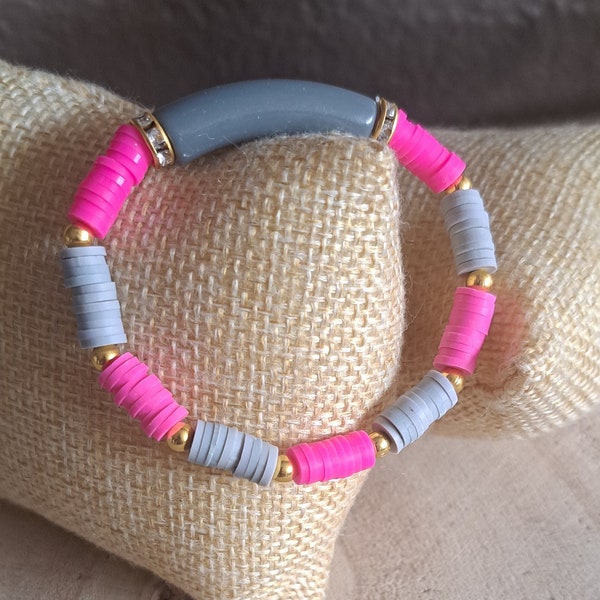 Bracelet Tube Heishi Gris Rose Dore Strass