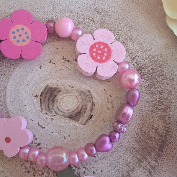 Bracelet Fleurs bois rose Printemps cadeau Pâques élastique fille enfant femme