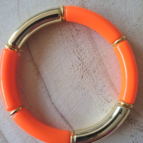 Bracelet Tendance Estival Tube Jonc Incurvé élastique Néon Orange Fluo et Doré Cadeau Femme Fille