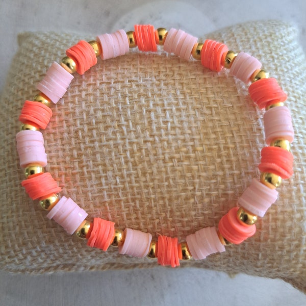 Bracelet estival élastique tendance perles heishi coloré orange pêche doré mixte unisexe poignet fin