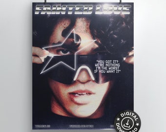 May include: A digital download poster with a black and white image of a person wearing a futuristic-looking star-shaped visor. The text "FAINTED LOVE" is at the top of the poster. The text "YOU GOT IT? WE'RE NOTHING I'M THE WORST IF YOU WANT IT" is in the middle of the poster. The text "TRACK IN" is at the bottom left of the poster. The text "FINNIE HEAVEN" is at the bottom center of the poster. The text "CHIL" is at the bottom right of the poster. A black circle with a white download arrow and the text "DIGITAL DOWNLOAD" is in the bottom right corner of the poster.