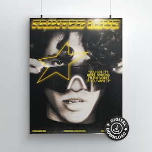 May include: A black and white poster with a person wearing a futuristic visor and a yellow star over their eye. The text "Fainted Love" is in yellow at the top of the poster. The text "You got it? We're nothing I'm the worst if you want it" is in yellow at the bottom of the poster.