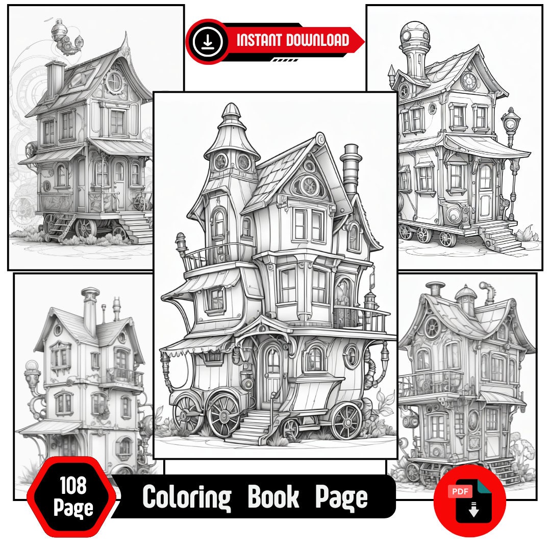 108 Fantasy Steampunk Tiny House Coloring Pages Kids and Adult Coloring ...