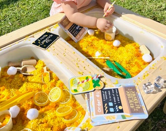 Tarjetas de recetas de puestos de limonada, tarjetas de actividades, juego sensorial de limonada