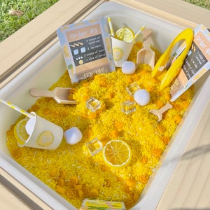 Lemonade Stand Sensory Rice, Lemonade Rice Filler, Spring Sensory Bin, Sensory Play, Summer Sensory Bin, Summer Activities for Kids