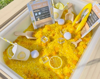 Lemonade Stand Sensory Rice, Lemonade Rice Filler, Spring Sensory Bin, Sensory Play, Summer Sensory Bin, Summer Activities for Kids