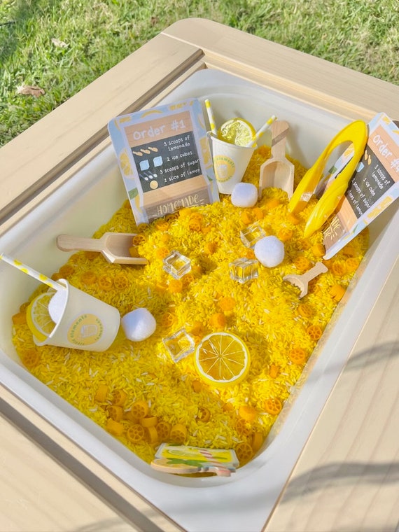 Lemonade Stand Sensory Rice, Lemonade Rice Filler, Spring Sensory Bin, Sensory Play, Summer Sensory Bin, Summer Activities for Kids