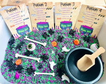 Arroz sensorial de brujas, relleno de arroz de Halloween, juego sensorial, contenedor sensorial de otoño, actividades de Halloween para niños