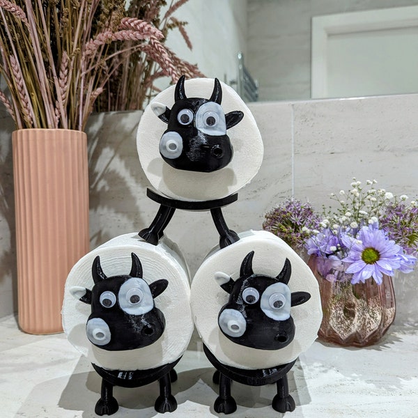 Funny Toilet Paper Roll Holder Bathroom & Toilet Organiser Accessories Home Indoor Storage- 3D printed- Cow set of 3 Black White