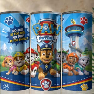 Paw Patrol Tumbler Wrap PNG, Chase Marshall Skye 20oz Skinny Tumbler, Cartoon Puppy Sublimation Design Kids Gift