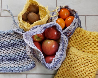 Reusable Produce Bags, Set of 3, Washable, Draw String, Recycled Cotton, Handmade, Crocheted