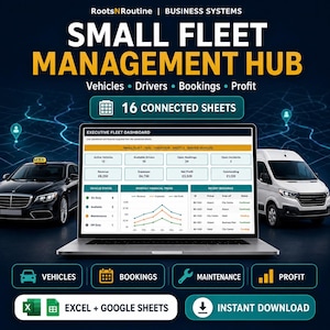 Pode incluir: Um painel digital para gestão de pequenas frotas num ecrã de portátil, com dados sobre veículos, condutores, reservas e lucros. A interface inclui 16 folhas ligadas e ícones para Excel e Google Sheets para transferência imediata.