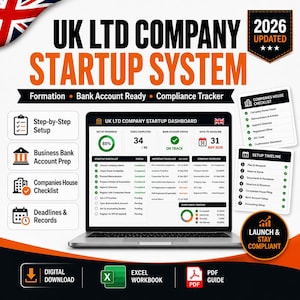 Könnte beinhalten: Ein digitales UK LTD Company Startup System Dashboard auf einem Laptop-Bildschirm mit Fortschrittsanzeige, Aufgabenliste und Compliance-Fristen. Enthält eine Checkliste für das Companies House, einen Zeitplan sowie Symbole für Excel- und PDF-Dateien.