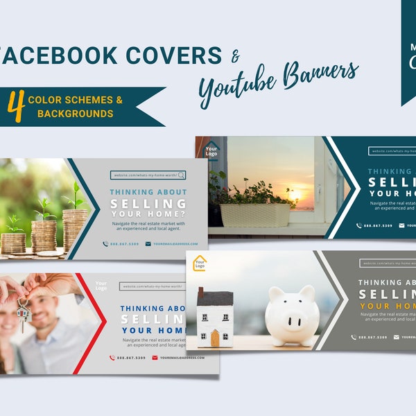 RE Agent Social Media Marketing | Youtube Banner | Facebook Cover | 4 Sizes | 4 Images/Color Schemes | Selling Home | Editable | Canva