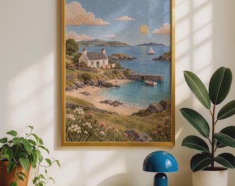 Kunstdruck „Waschtag im Küstenhaus“, Wandbild „Küstenbucht“, Poster im nautischen Volksstil