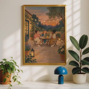 Garden Gathering Friends Wine Print, Sunset Terrace Illustration, Cosy Outdoor Dining Wall Art