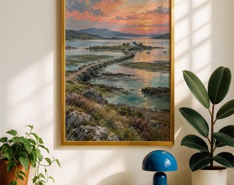 Estuary Causeway Sunset Print, Scottish Coast Painting, Cottage Island Wall Art, Coastal Landscape