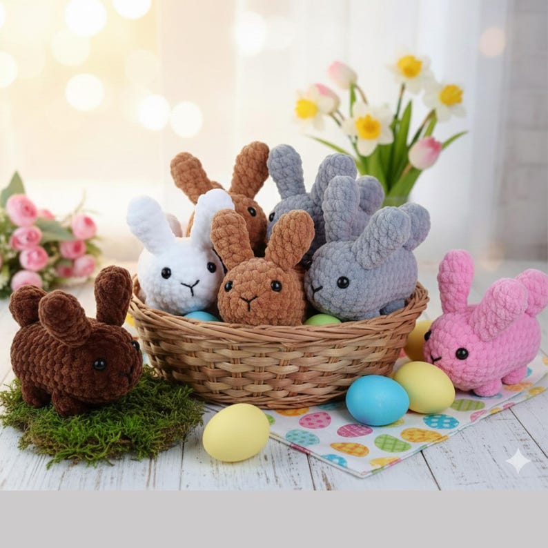 May include: A selection of handmade crochet bunnies in a wicker basket and on a white surface. The bunnies are in various colours, including white, brown, and grey. Easter eggs and flowers are also present, creating a festive scene.