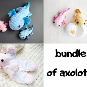 Axolotl plush bundle crochet patterns do it yourself Christmas gift axolotl set 3 in 1 crochet patterns Amigurumi tutorial PDF in English