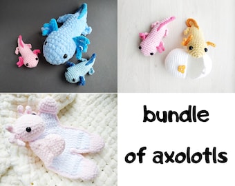 Axolotl Plüschpaket Häkelanleitung Do it yourself Weihnachtsgeschenk Axolotl Set 3 in 1 Häkelanleitungen Amigurumi PDF in Englisch