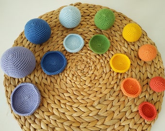 Montessori Kleinkind Spielzeug Regenbogen Bälle und Teller in verschiedenen Größen Geschenk-Set Häkelanleitungen Amigurumi Anleitung PDF in Englisch