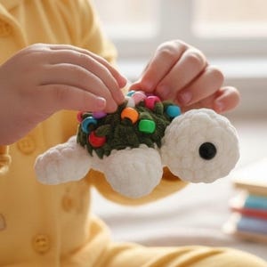 May include: A small, crocheted turtle toy featuring a white head and limbs, a dark green textured shell, and colorful plastic beads attached to the shell. The turtle has a single black bead eye visible on the side of its rounded, plush head.