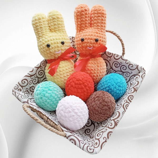 Easter Bunny plush with eggs No sew crochet pattern Handmade toy for the Easter gift souvenir, Amigurumi tutorial PDF in English