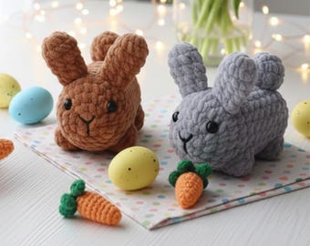 No Sew Chubby Bunny Crochet Pattern with Mini Carrots Set Easter Rabbit Amigurumi Tutorial