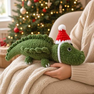 Christmas Alligator Crochet Pattern PDF Easy Crocodile in Santa hat No Sew Amigurumi Plushie