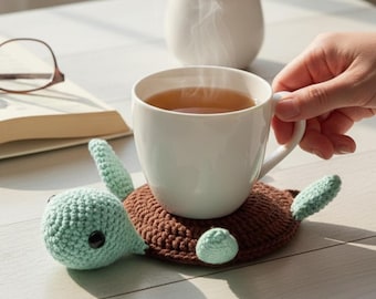 Turtle Coaster Crochet Pattern No Sew Amigurumi Pop-Up Mug Rug Popping Animal Cup Holder