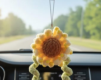 Sunflower Mirror Hanger Crochet Pattern Flower Car Accessory Amigurumi Fidget Keychain Rearview Charm