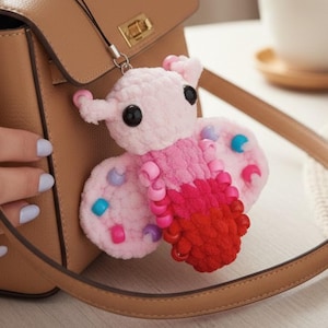 Puede incluir: Un llavero de mariposa de ganchillo rosa y rojo con ojos negros y detalles de cuentas. La mariposa está sujeta a un bolso de mano de cuero marrón. Las alas tienen pequeñas cuentas de colores.