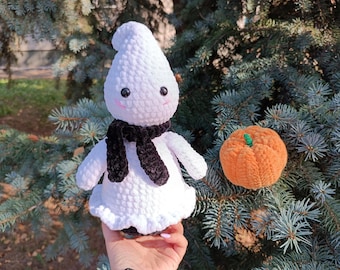 Halloween Ghost Crochet Pattern with Pumpkin Plush Easy Beginner Friendly No Sew Amigurumi Plushie
